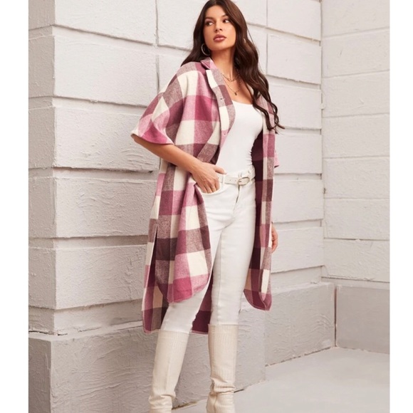 Pink Plaid High Low Shacket - Picture 3 of 5